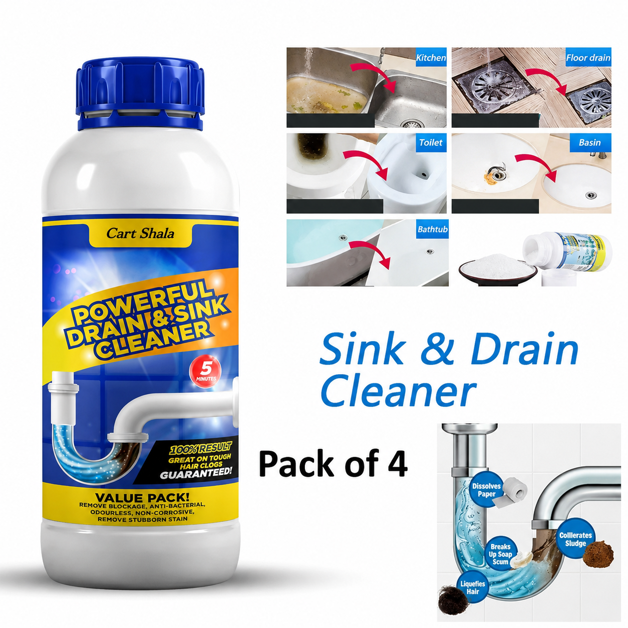Cart Shala Powerful Drain & Sink Cleaner (Pack of 4)
